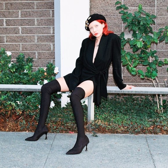 Jeffrey Campbell Madam Over the Knee BOOTS Size 9.5 Black Stretch Nylon NEW $170 - Picture 11 of 12